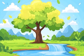 Naklejka premium Beautiful landscape vector illustration of mountains, forests, fields and meadows. Stunning panoramic farm landscape with mountains in the background. Natural landscape