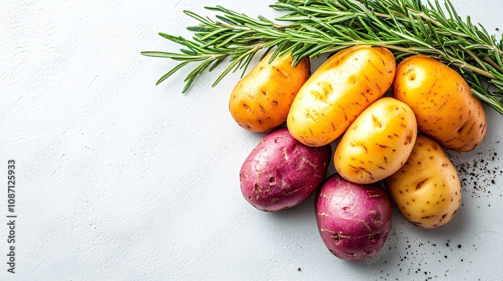 Poster organic potatoes and sweet potatoes stacked neatly with sprigs of rosemary for an earthy aesthetic o