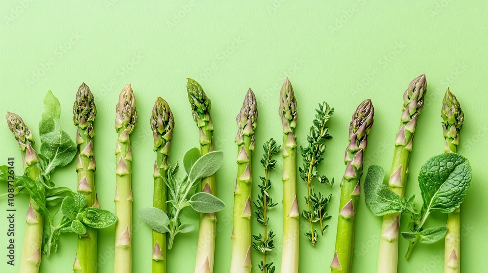 Poster fresh asparagus spears laid out in a straight line with sprigs of marjoram and tarragon arranged del