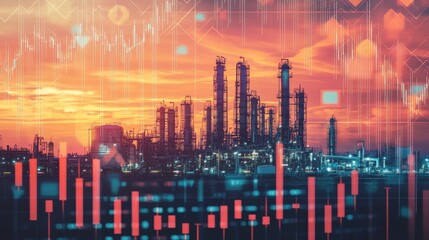 Fototapeta premium A dynamic industrial skyline at sunset, featuring silhouettes of oil rigs and data visualization elements.