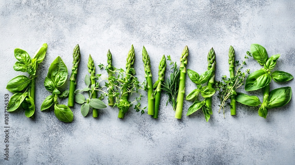 Poster fresh asparagus spears laid out in a straight line with sprigs of marjoram and tarragon arranged del
