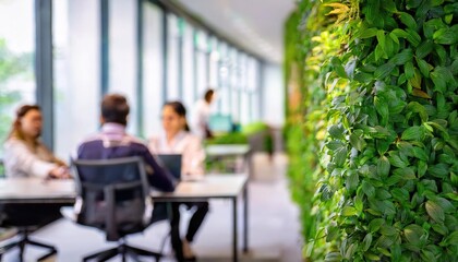 Environment concept. Green office space, Bright and modern office with a lush green wall