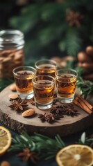 Fototapeta premium A elegant arrangement of herbal liqueur shots on a wooden tray surrounded by fresh herbs, dried citrus slices, star anise, cinnamon sticks, almonds and other natural spices. Rustic, Natural Aesthetic.