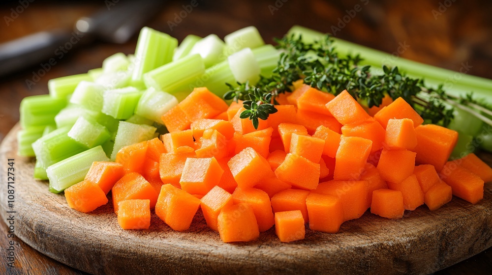 Aufkleber close-up of freshly chopped carrots and celery with thyme sprigs placed decoratively on a neutral-to