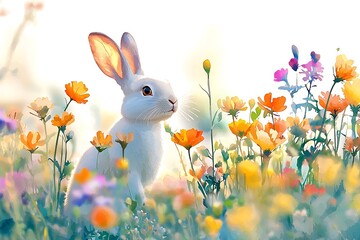 Fototapeta premium White Rabbit in a Field of Vibrant Spring Flowers. A whimsical digital painting of a fluffy white rabbit peacefully sitting amidst a colorful array of wildflowers.