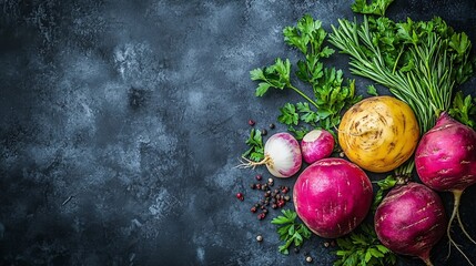 A rustic flat-lay of mixed root vegetables including parsnips and turnips with fresh parsley and rosemary sprigs artfully placed around with side empty space for text Stockphoto style