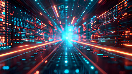 Fototapeta premium Abstract 3D Digital Tunnel with Glowing Neon Lights and Data Streams
