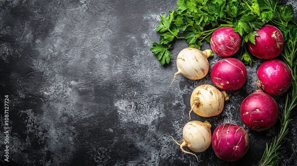 Poster a rustic flat-lay of mixed root vegetables including parsnips and turnips with fresh parsley and ros