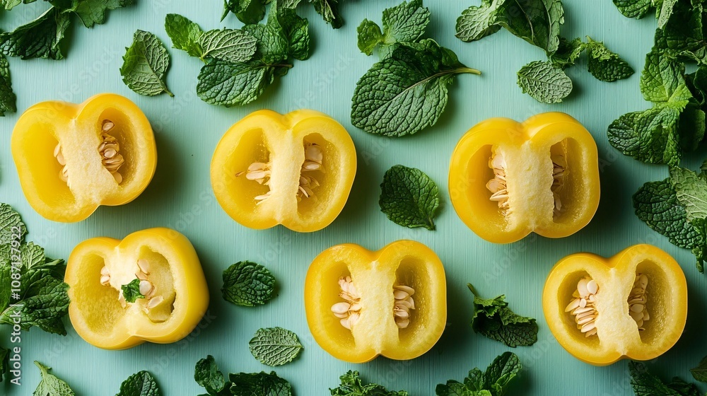 Aufkleber Bright yellow bell peppers sliced in half surrounded by fresh cilantro and mint leaves displayed against a soft gradient background with side empty space for text Stockphoto style