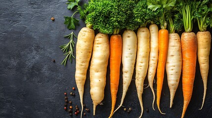 A rustic flat-lay of mixed root vegetables including parsnips and turnips with fresh parsley and rosemary sprigs artfully placed around with side empty space for text Stockphoto style