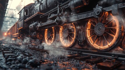 Steam Locomotive Wheels in Motion, intricate details of industrial machinery highlighting the power and innovation of the railway era