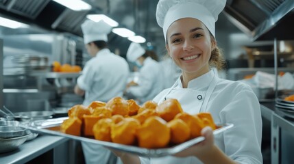 Enthusiastic chef presents a tray of freshly baked goods in a bustling kitchen, radiating pride and passion for culinary arts.