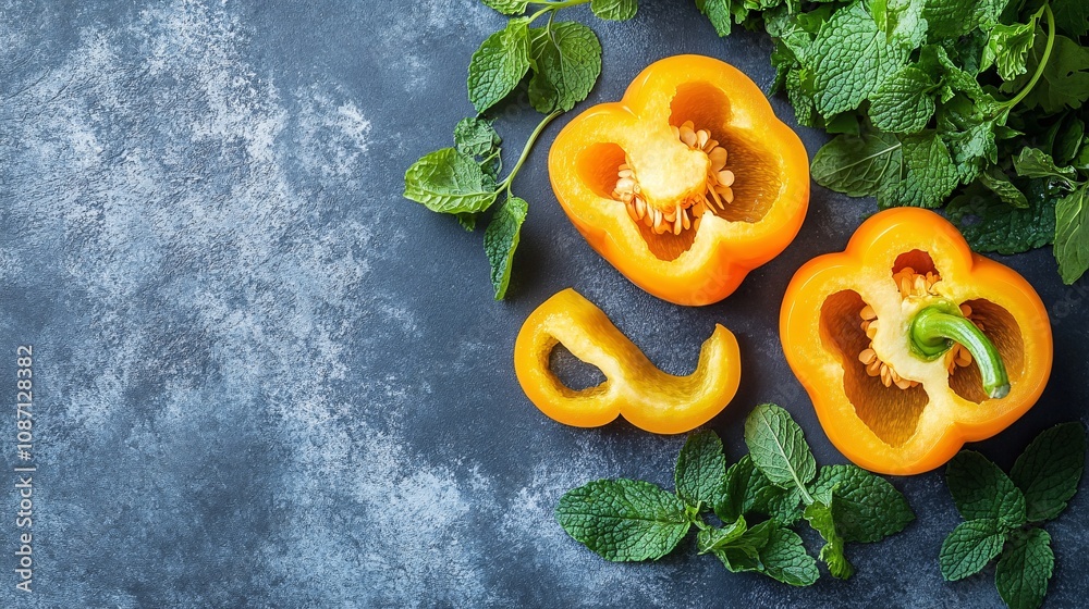 Poster bright yellow bell peppers sliced in half surrounded by fresh cilantro and mint leaves displayed aga