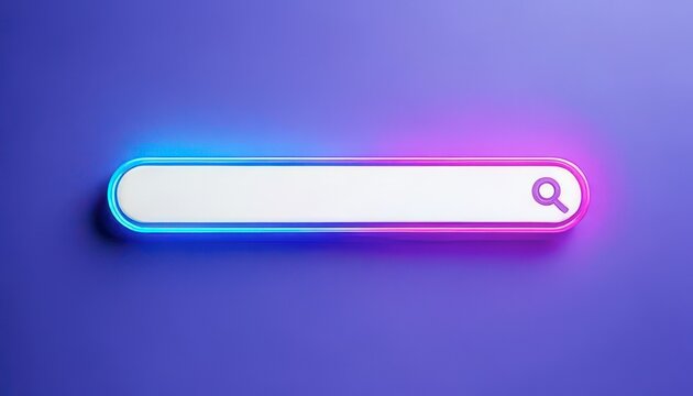 Minimalist search engine concept. Neon search bar on a purple background with glowing edges.