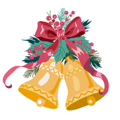 Christmas wreath with large bow, bells, berries and holly leaves. Limited color palette, fits for any type of print design. 