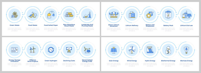 Green energy sources infographics set. Sustainable electricity, ecology. Flow charts infocharts with steps. Editable vector info graphics icons collection. Montserrat-SemiBold, Regular fonts used