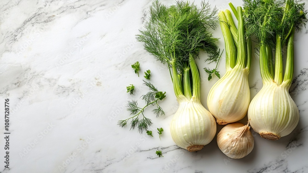 Poster an artistic cluster of fresh fennel bulbs paired with sprigs of dill and oregano on a white marble s