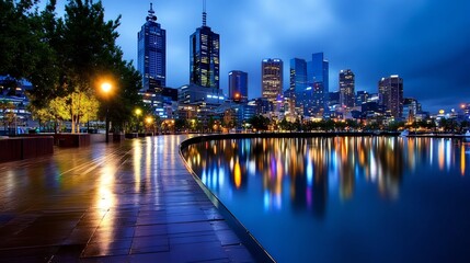 Obraz premium Breathtaking Night View of Illuminated Cityscape with Glowing Skyscrapers Reflecting in River
