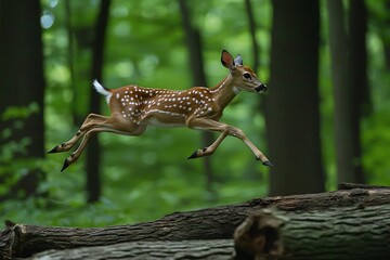 A Graceful Fawn Leaping Through a Lush Green Forest