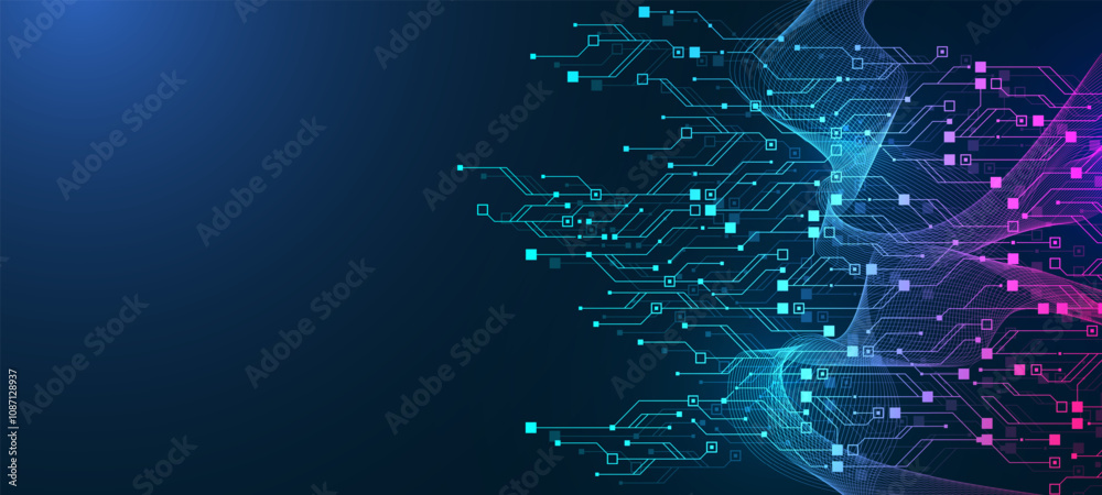 Poster Artificial Intelligence with circuit electric line style. Digital futuristic machine learning design. AI graphic design for website, banner, header, social media, mobile app, UI. Vector illustration