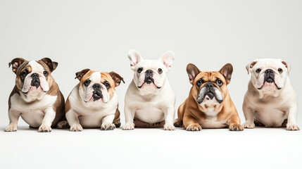 Obraz premium Group of five English and French Bulldogs sitting side by side on a white background, displaying various coat colors.