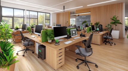 Modern office interior design with wooden desks and green plants.