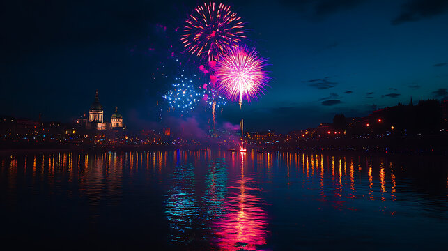 Fireworks exploding over a cityscape at midnight, reflecting vibrant colors on a calm river, with a festive crowd in silhouette Highlighting the beauty of imperfections f/1.4 wide aperture Centered 