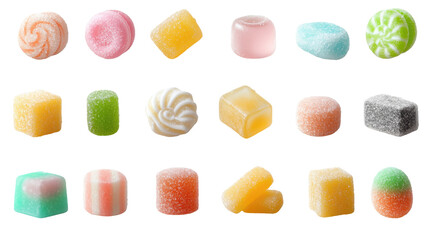 Colorful assortment of gummy candies arranged neatly on a white background showcasing diverse shapes and flavors
