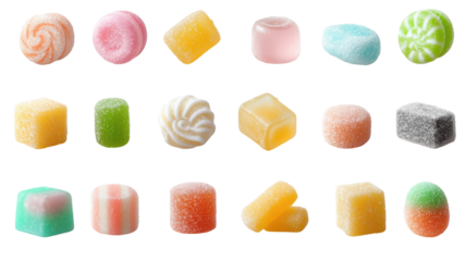 Colorful assortment of gummy candies arranged neatly on a white background showcasing diverse shapes and flavors