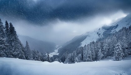 Fototapeta premium Heavy snowfall blanketing a mountain landscape, winter weather