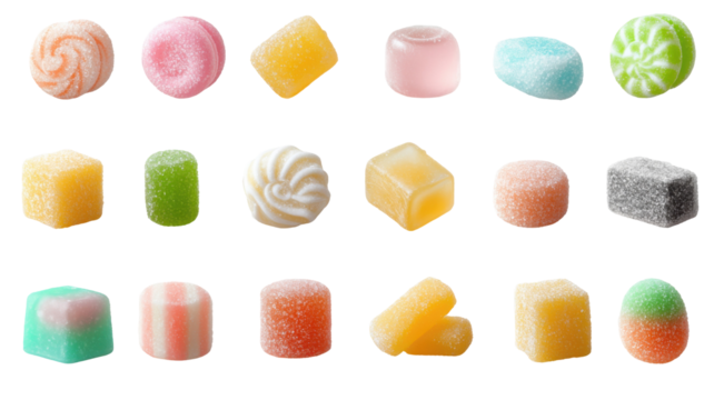 Colorful assortment of gummy candies arranged neatly on a white background showcasing diverse shapes and flavors