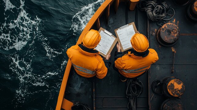 Cargo Ship Inspections, engineers examining vessel integrity, emphasizing safety protocols, operational efficiency, and available advertising space
