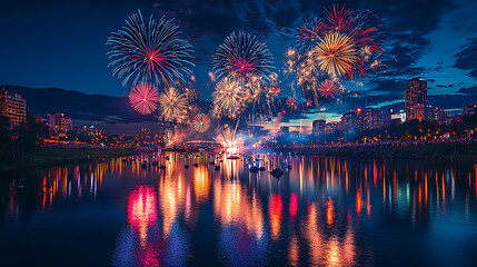 Obraz premium Fireworks exploding over a cityscape at midnight, reflecting vibrant colors on a calm river, with a festive crowd in silhouette Highlighting the beauty of imperfections f/1.4 wide aperture Centered 