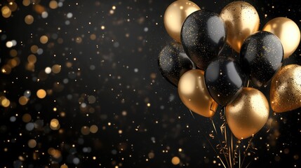 Naklejka premium Black and Golden Balloons with Sparkles on Dark Background