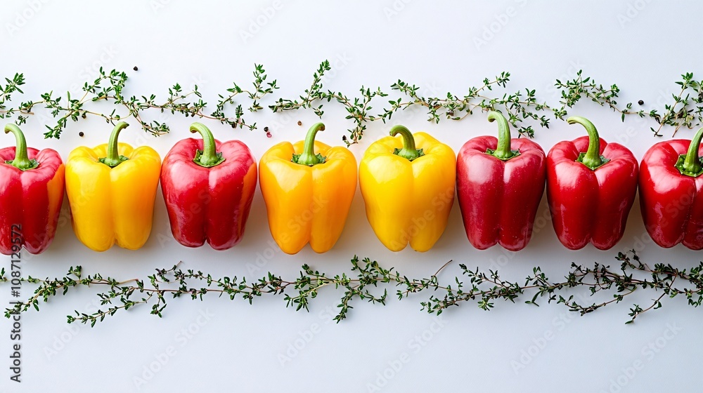 Aufkleber An elegant arrangement of red and yellow bell peppers with clusters of thyme and rosemary placed symmetrically for visual appeal with side empty space for text Stockphoto style