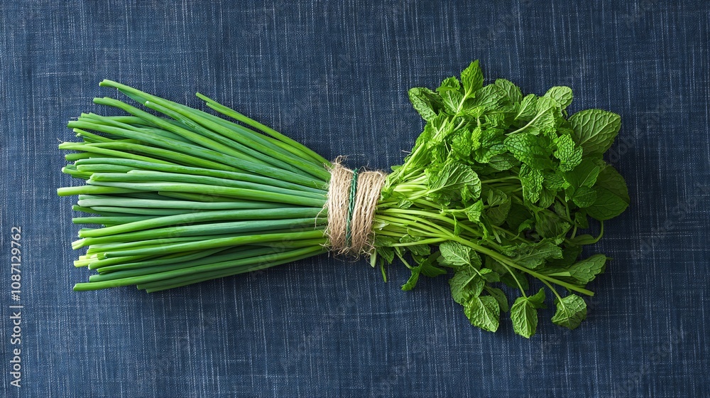 Poster A bundle of freshly harvested scallions tied with twine alongside sprigs of chives and mint on a rustic fabric background with side empty space for text Stockphoto style