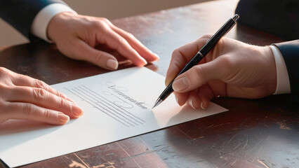 Naklejka premium two hands, one of which holds a pen and signs the document, and the other lies on the table next to the document.