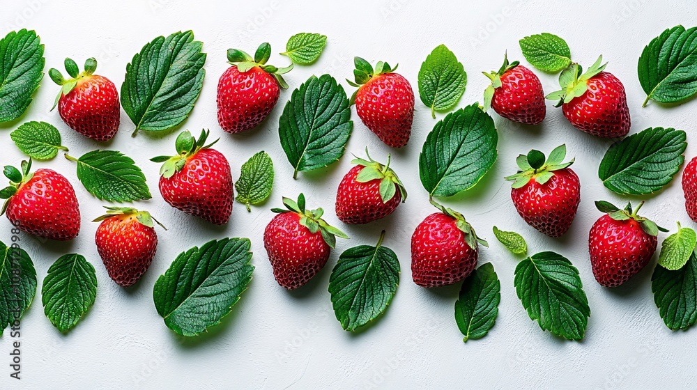 Poster isolated on white background a vibrant cluster of fresh red strawberries with green leaves placed at