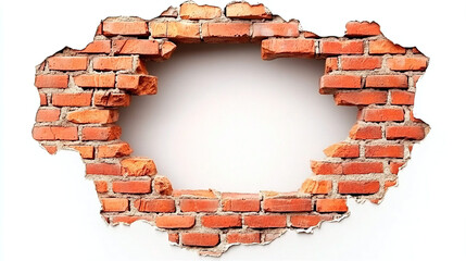a brick wall with a large hole in the center. The bricks are red in color, laid in a traditional checkerboard pattern using a gray mortar. The hole has uneven edges, as if part of the wall has been de