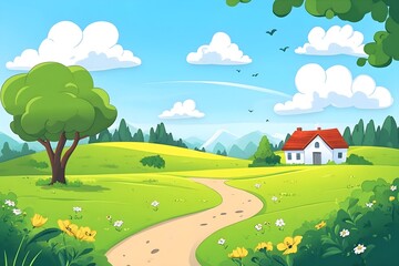 Naklejka premium Beautiful landscape vector illustration of mountains, forests, fields and meadows. Stunning panoramic farm landscape with mountains in the background. Natural landscape