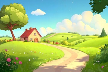 Fototapeta premium Beautiful landscape vector illustration of mountains, forests, fields and meadows. Stunning panoramic farm landscape with mountains in the background. Natural landscape