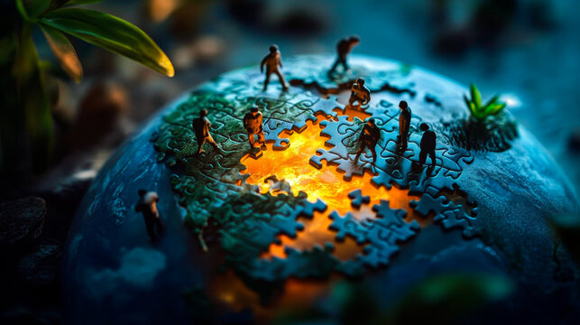 Figures Assembling a Glowing Earth Puzzle