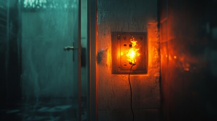 Apartment fire ignited by faulty electrical outlet, smoke and flames engulfing living space, emergency response in action, urgent situation