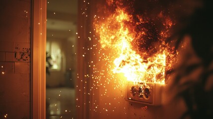 Apartment fire caused by electrical outlet, smoke and flames engulfing living space, urgent response needed, potential for extensive damage