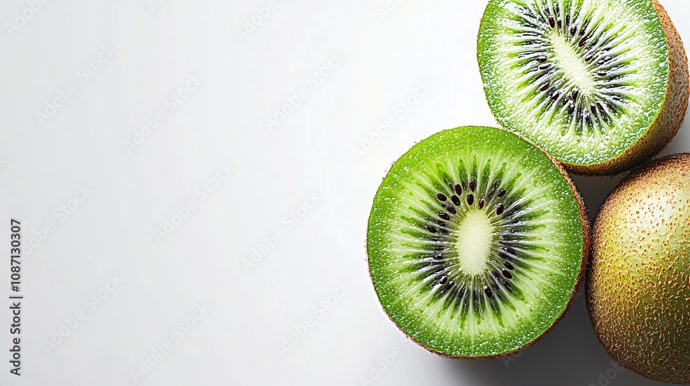Poster Isolated on white background a halved green kiwi with vibrant seeds displayed alongside whole kiwis with side empty space for text Stockphoto style