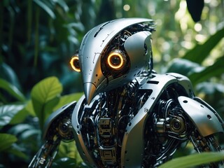 Fototapeta premium A close-up of a robotic bird flying through a futuristic cityscape, showcasing intricate design, advanced technology, and a sleek, dynamic aesthetic