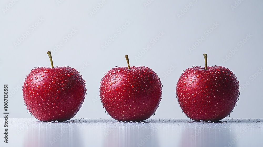 Poster Isolated on white background a trio of glossy red apples with drops of water arranged symmetrically with side empty space for text Stockphoto style