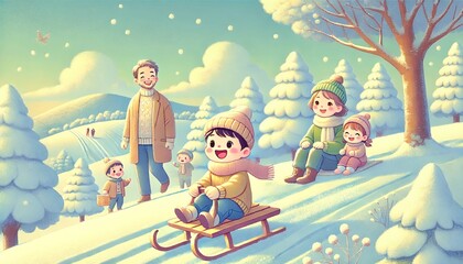 Obraz premium Children Joyfully Sledding with Family on a Sunny Winter Day in a Charming Snowy Landscape