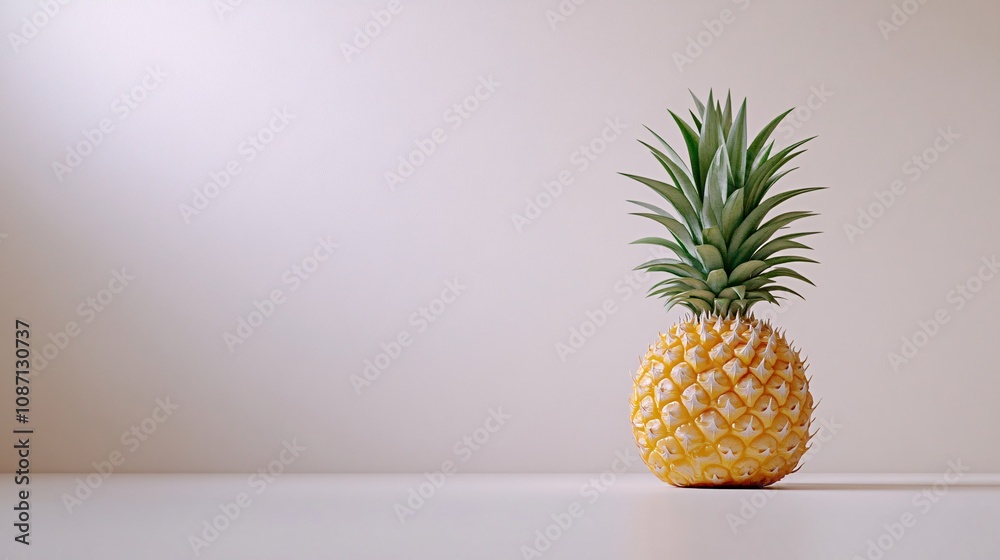 Poster isolated on white background a single bright yellow pineapple with spiky green leaves upright with s