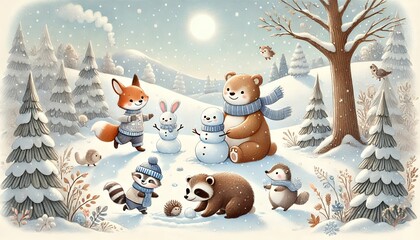 Cozy Winter Scene of Five Adorable Animals Playing in the Snow Under a Bright Sunny Sky in a Gentle Storybook Style